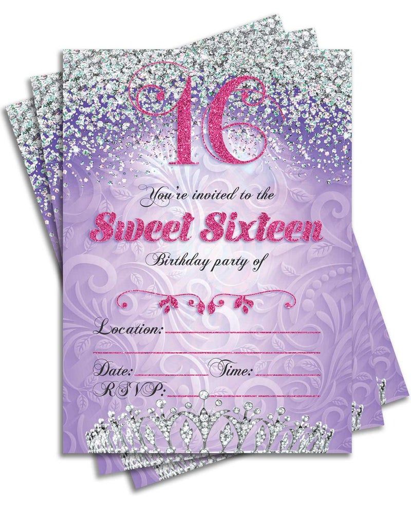 JT Studios Sweet 16 Sixteen Birthday Party Double Sided Purple Invitations, Set of 25 5x7 Girl's 16th Birthday Invitations includes Envelopes - Image 1